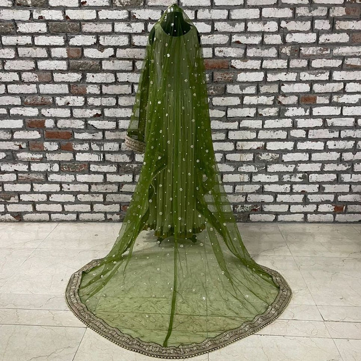 anokherang Dupattas Bridal Mehendi Green Trail Sequin Embroidered Net Dupatta