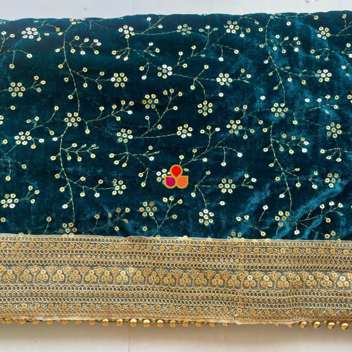 anokherang Dupattas Bridal Meher Turquoise Blue Embroidered Sequin Velvet Dupatta