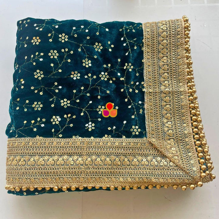 anokherang Dupattas Bridal Meher Turquoise Blue Embroidered Sequin Velvet Dupatta