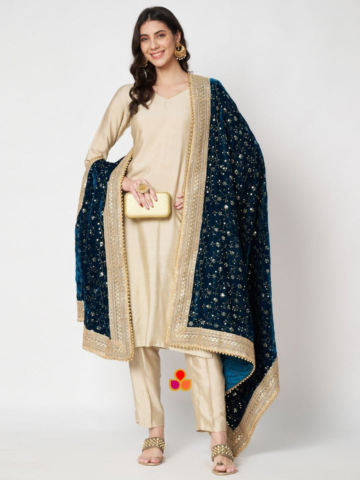 anokherang Dupattas Bridal Meher Turquoise Blue Embroidered Sequin Velvet Dupatta