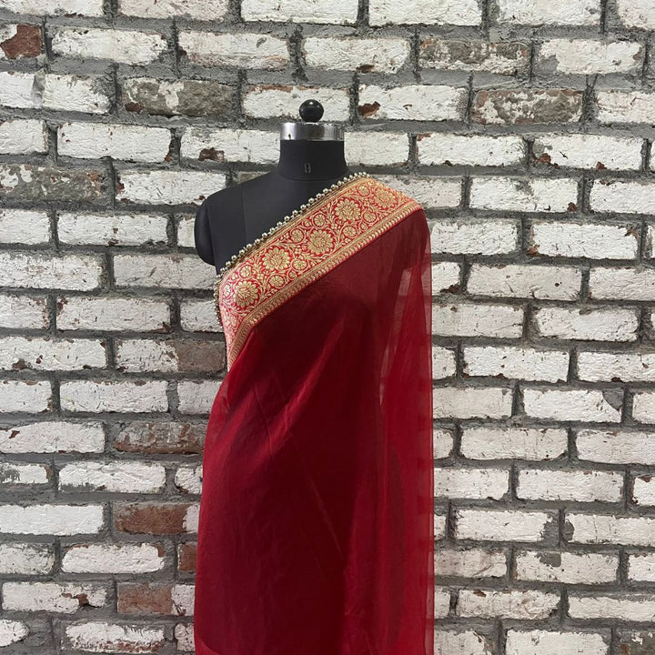 anokherang Dupattas Bridal Naaz Red Tissue Organza Banarasi Border Dupatta
