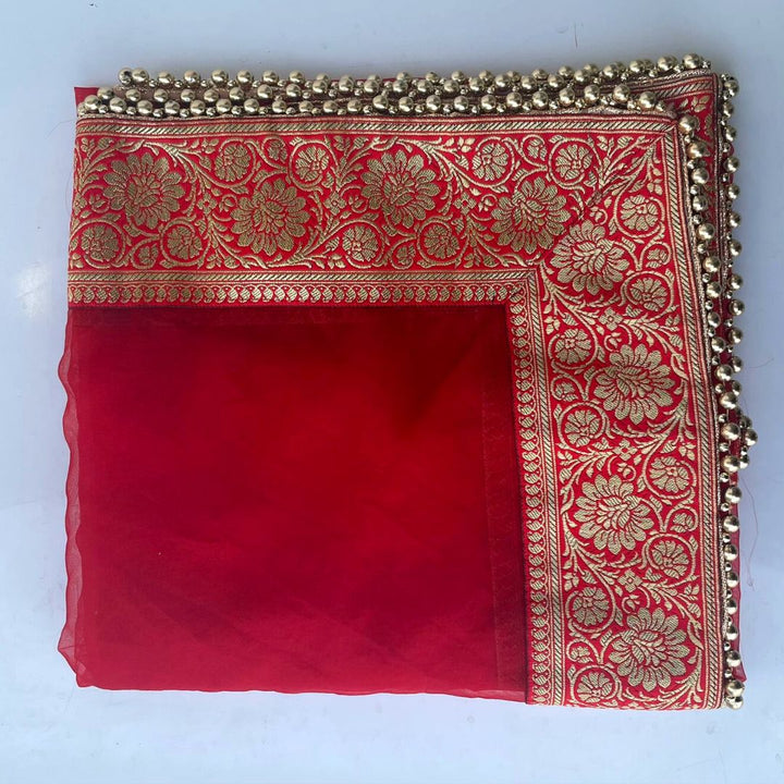 anokherang Dupattas Bridal Naaz Red Tissue Organza Banarasi Border Dupatta