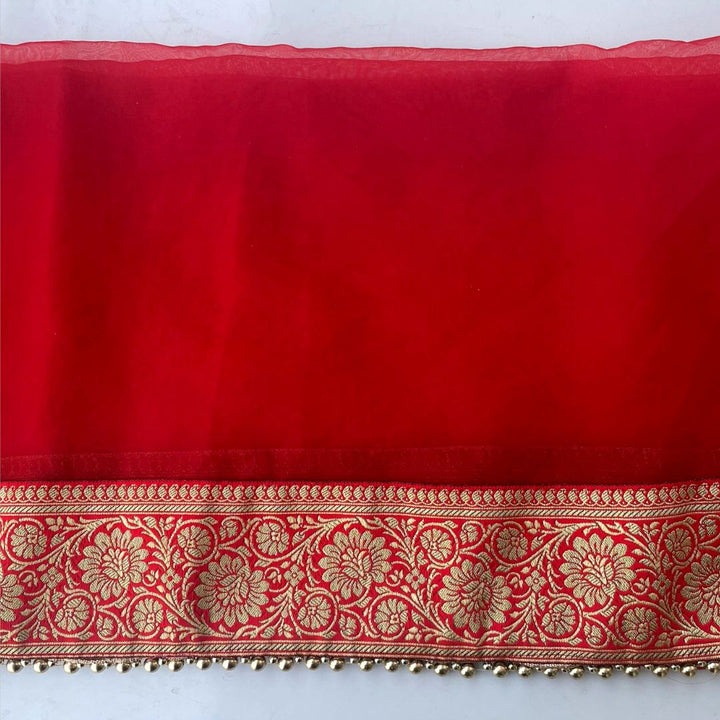 anokherang Dupattas Bridal Naaz Red Tissue Organza Banarasi Border Dupatta