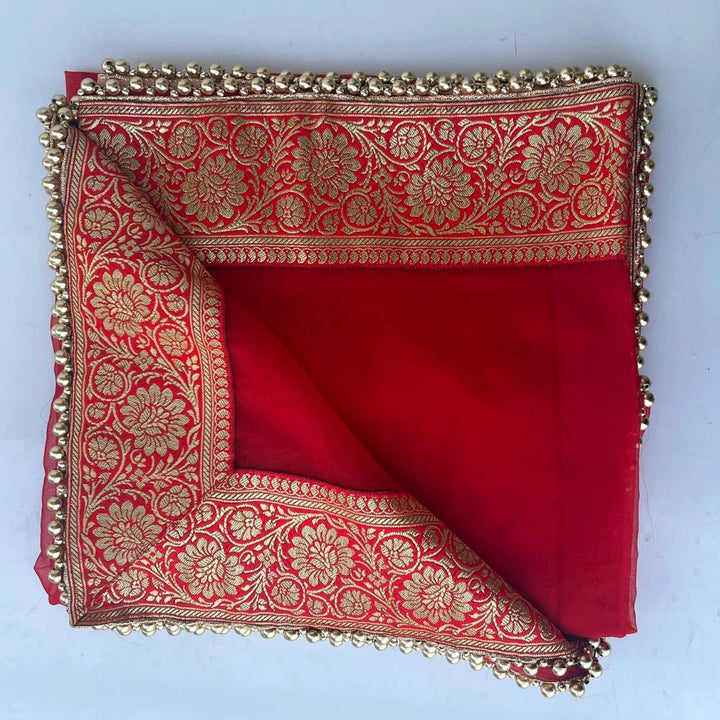 anokherang Dupattas Bridal Naaz Red Tissue Organza Banarasi Border Dupatta