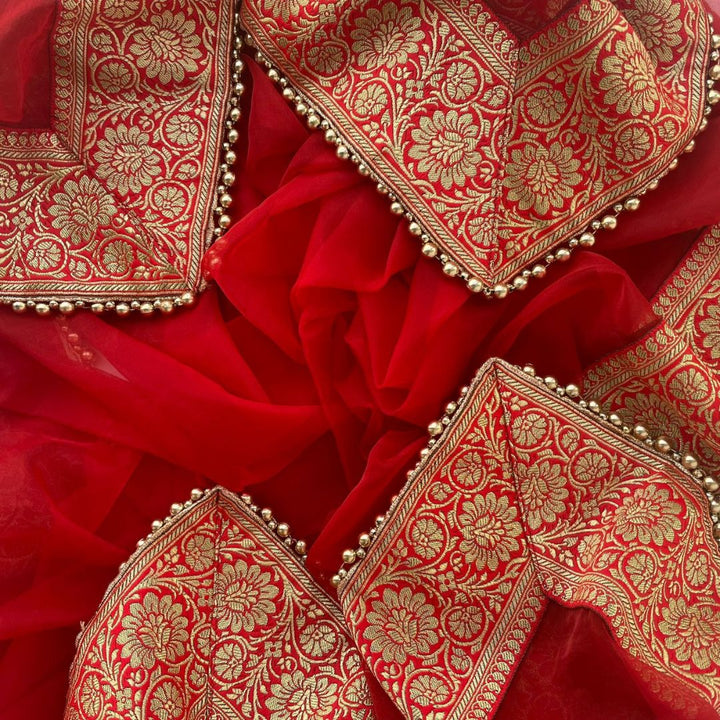 anokherang Dupattas Bridal Naaz Red Tissue Organza Banarasi Border Dupatta