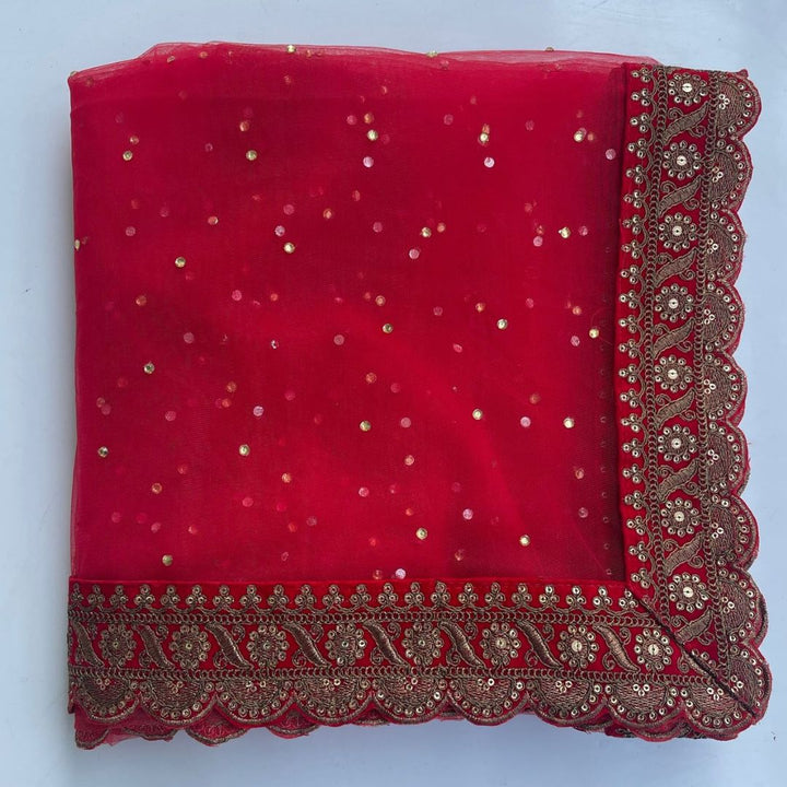 anokherang Dupattas Bridal Nayaab Red Stone Embroidered Net Scalloped Dupatta