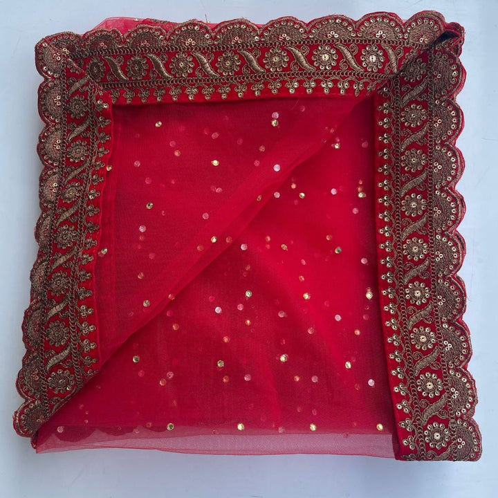 anokherang Dupattas Bridal Nayaab Red Stone Embroidered Net Scalloped Dupatta