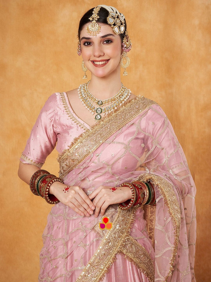 anokherang Dupattas Bridal Nazakat Rose Pink Sequin Embroidered Net Dupatta