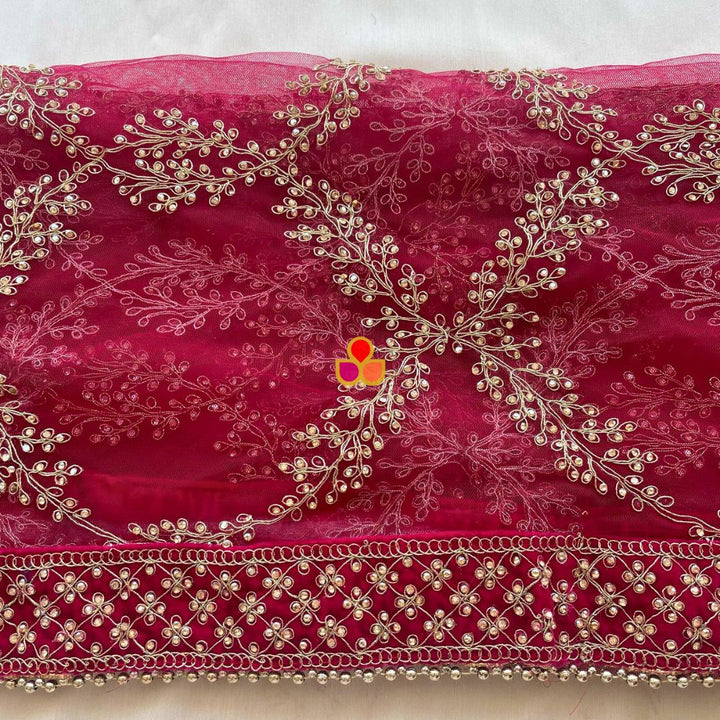 anokherang Dupattas Bridal Nazeesh Pink Stone Hand Embroidered Net Dupatta