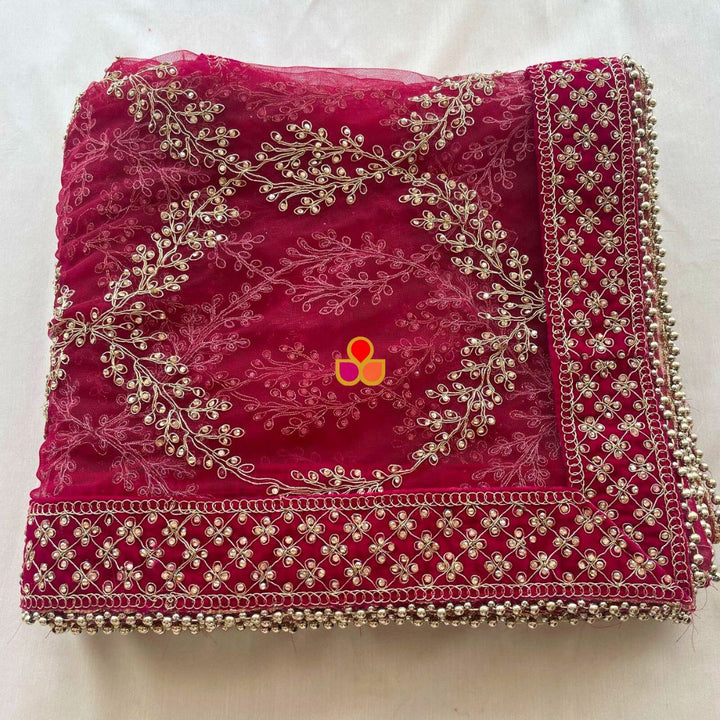 anokherang Dupattas Bridal Nazeesh Pink Stone Hand Embroidered Net Dupatta