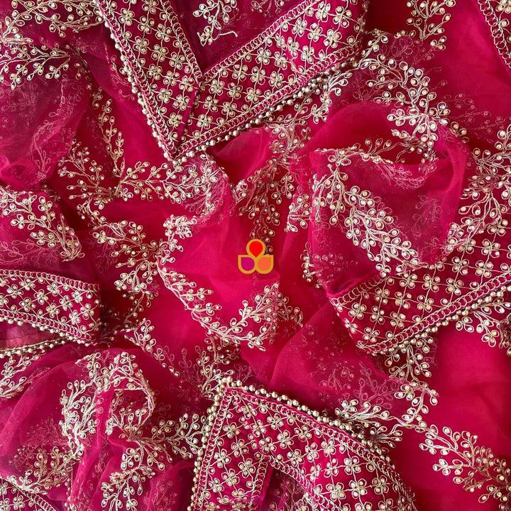 anokherang Dupattas Bridal Nazeesh Pink Stone Hand Embroidered Net Dupatta