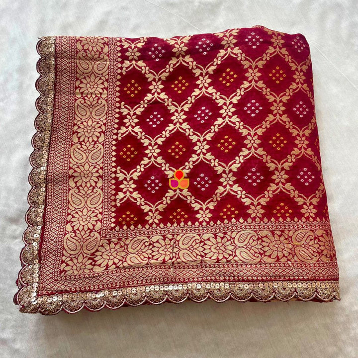 anokherang Dupattas Bridal Nazneen Maroon Georgette Banarsi Bandhej Zari Embroidered Dupatta