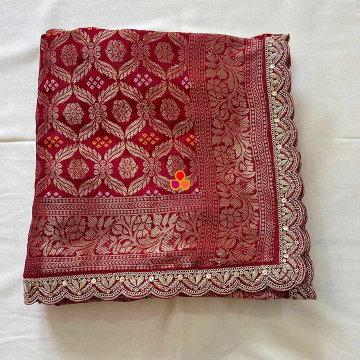 anokherang Dupattas Bridal Nazneen Maroon Georgette Banarsi Bandhej Zari Embroidered Dupatta
