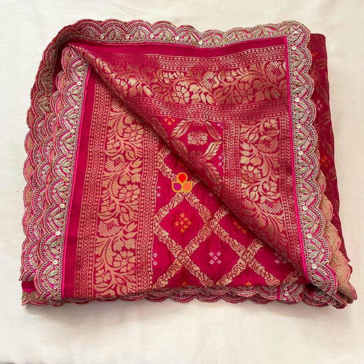 anokherang Dupattas Bridal Nazneen Pink Silk Banarsi Bandhej Zari Embroidered Dupatta