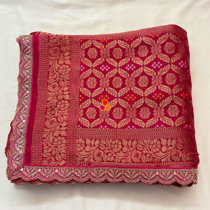 anokherang Dupattas Bridal Nazneen Pink Silk Banarsi Bandhej Zari Embroidered Dupatta