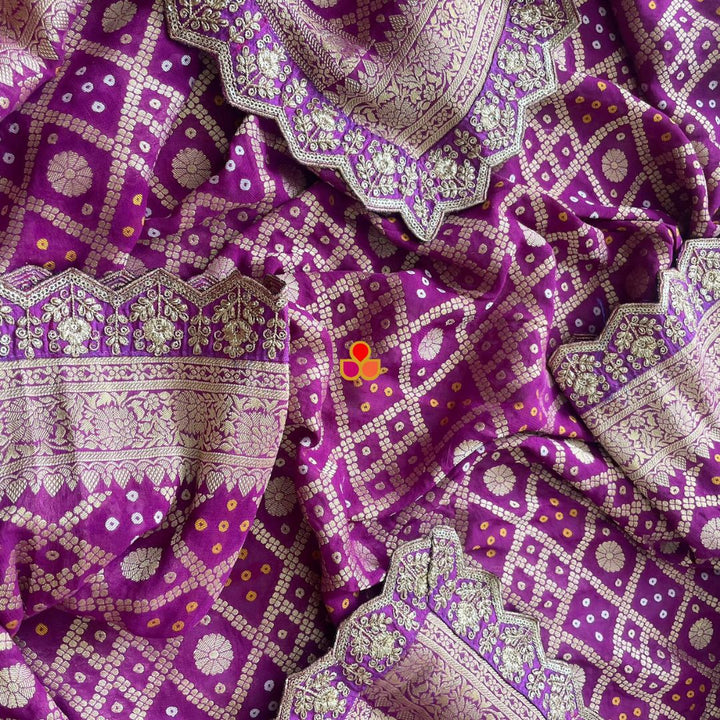 anokherang Dupattas Bridal Nazneen Purple Georgette Banarsi Bandhej Zari Embroidered Dupatta