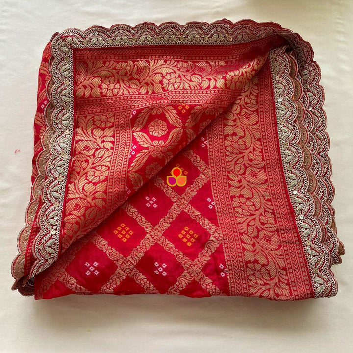 anokherang Dupattas Bridal Nazneen Red Silk Banarsi Bandhej Zari Embroidered Dupatta
