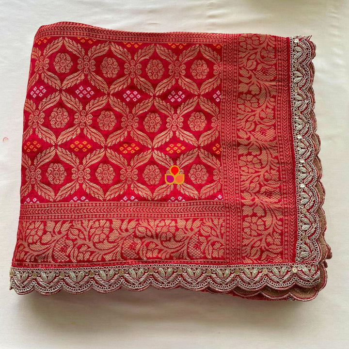 anokherang Dupattas Bridal Nazneen Red Silk Banarsi Bandhej Zari Embroidered Dupatta