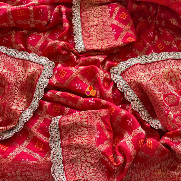 anokherang Dupattas Bridal Nazneen Red Silk Banarsi Bandhej Zari Embroidered Dupatta