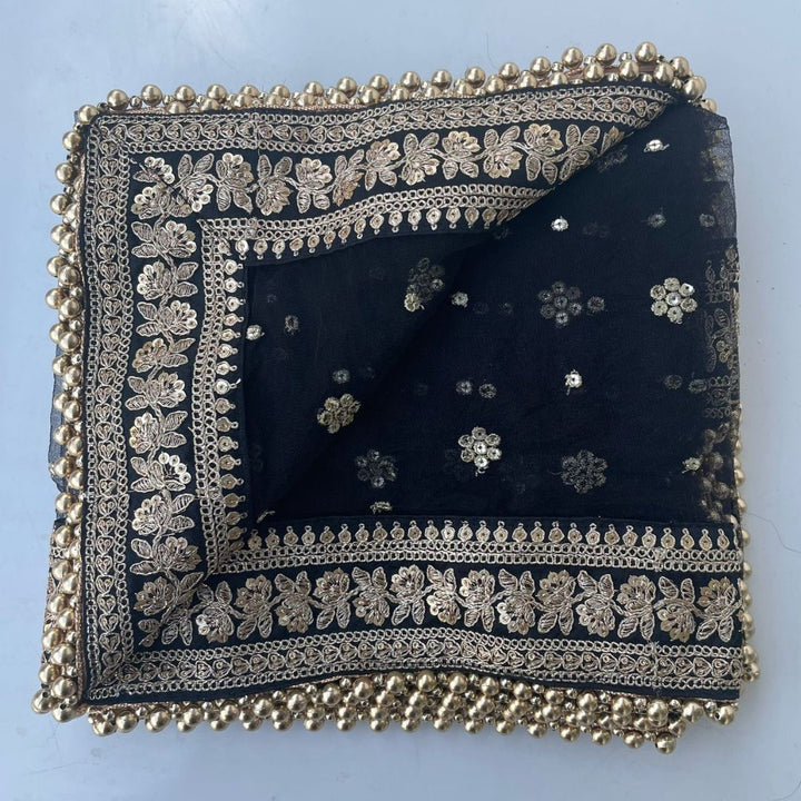 anokherang Dupattas Bridal Noor Black Zari Embroidered Net Stone Dupatta