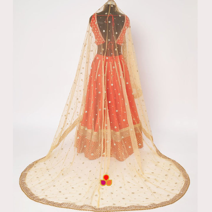 anokherang Dupattas Bridal Noor Gold Trail Zari Embroidered Net Sequin Dupatta