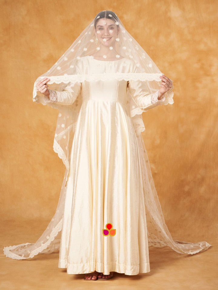 anokherang Dupattas Bridal Noorani Ivory Veil Embroidered  Net Veil