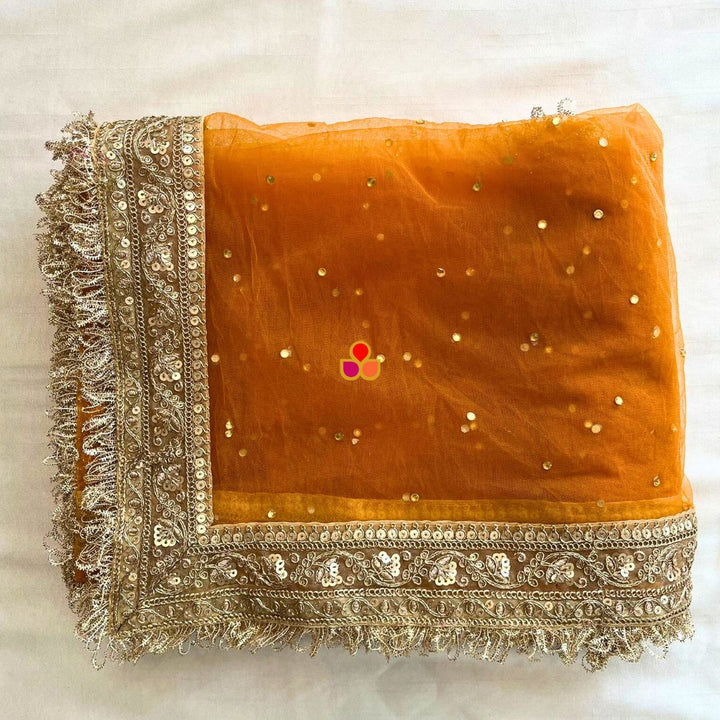 anokherang Dupattas Bridal Orange Magic Embroidered Fringed Net Dupatta