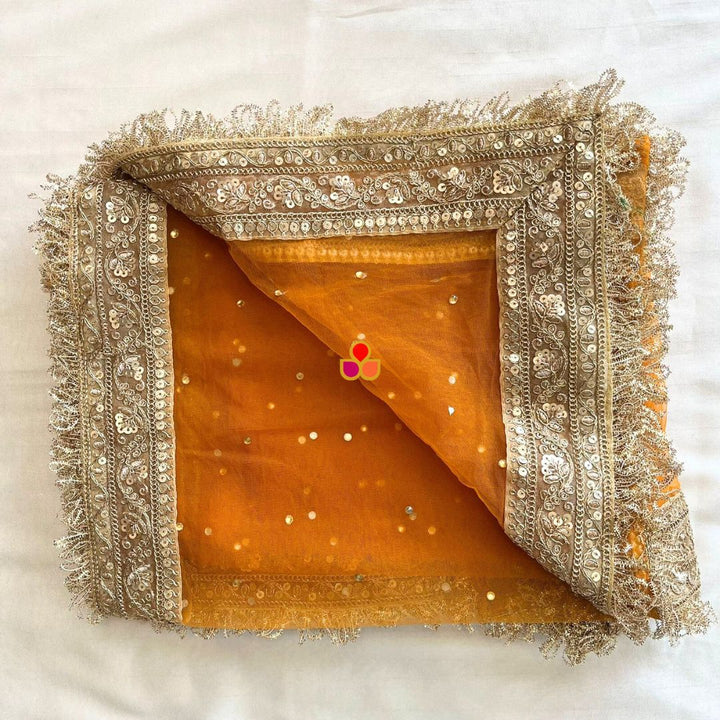 anokherang Dupattas Bridal Orange Magic Embroidered Fringed Net Dupatta