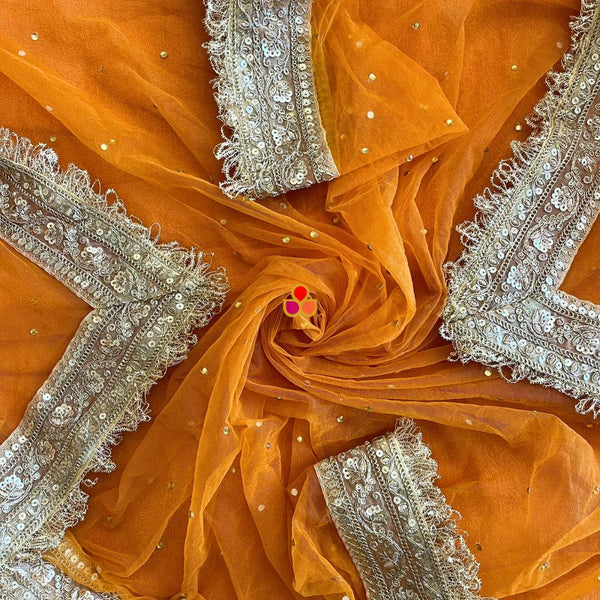 anokherang Dupattas Bridal Orange Magic Embroidered Fringed Net Dupatta