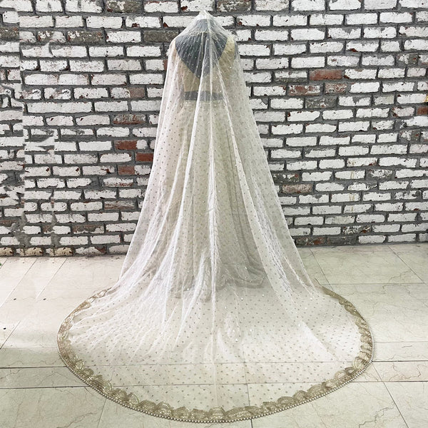 anokherang Dupattas Bridal Pakheeza Ivory Zari Embroidered Trail Net Stone Dupatta