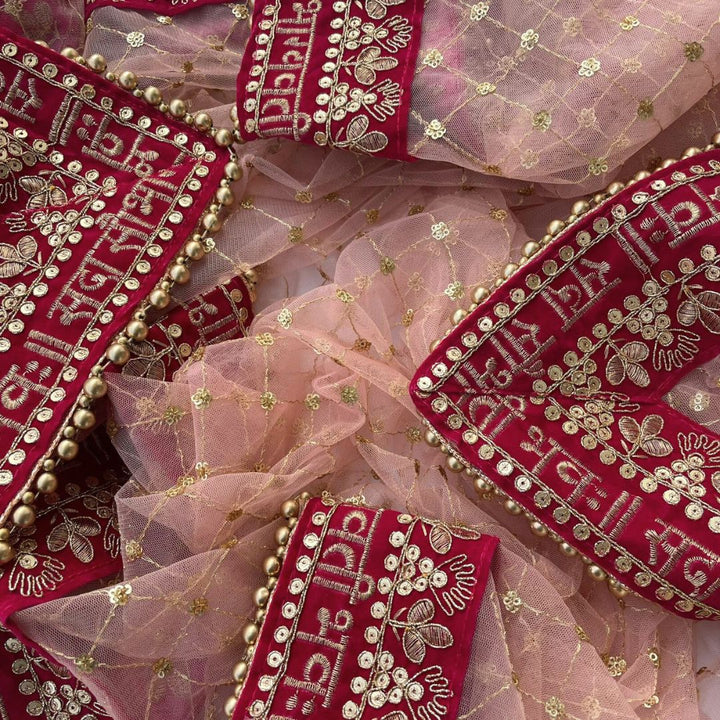 anokherang Dupattas Bridal Peach Saubhagyavati Criss Cross Net Dupatta