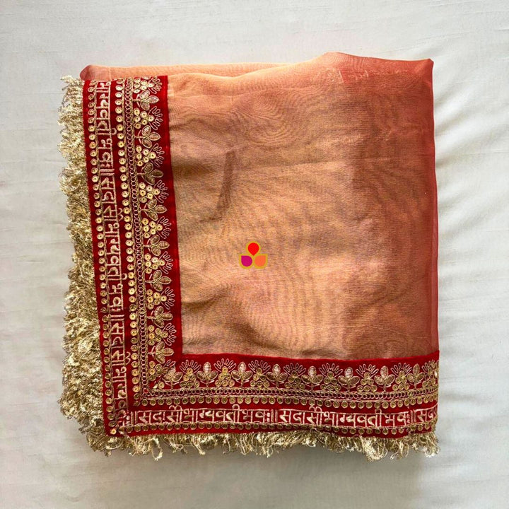 anokherang Dupattas Bridal Peaches Rust Saubhagyavati Embroidered Tissue Organza Dupatta