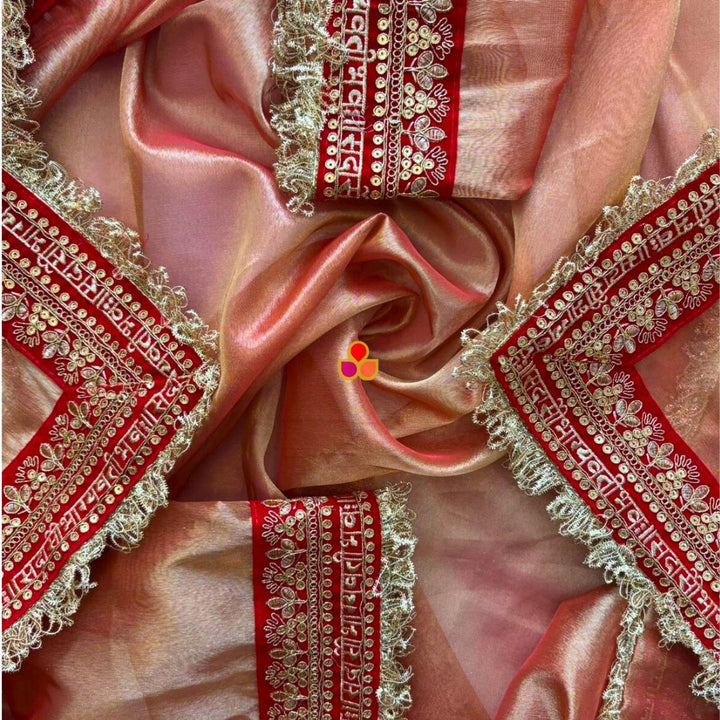 anokherang Dupattas Bridal Peaches Rust Saubhagyavati Embroidered Tissue Organza Dupatta