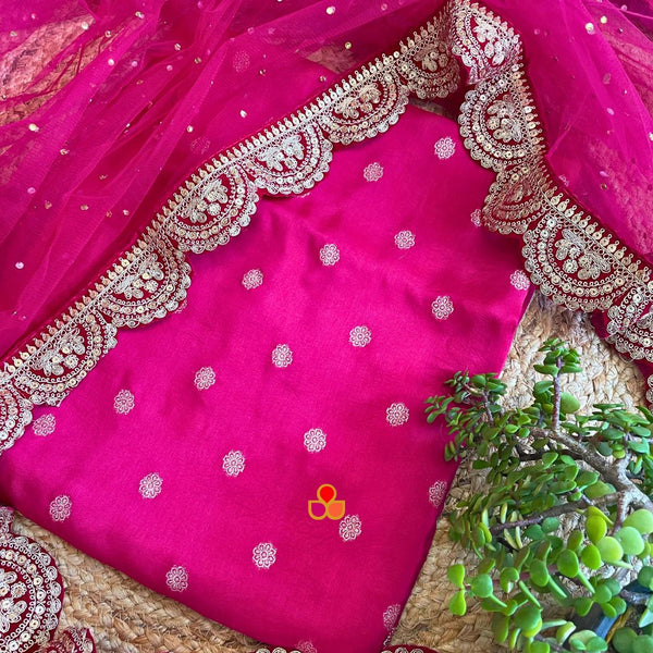 anokherang Dupattas Bridal Pink Ada Silk Unstitched Suit with Net Dupatta