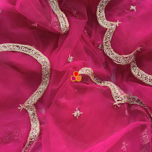 anokherang Dupattas Bridal Pink Beauty Hand Embroidered Scalloped Net Dupatta