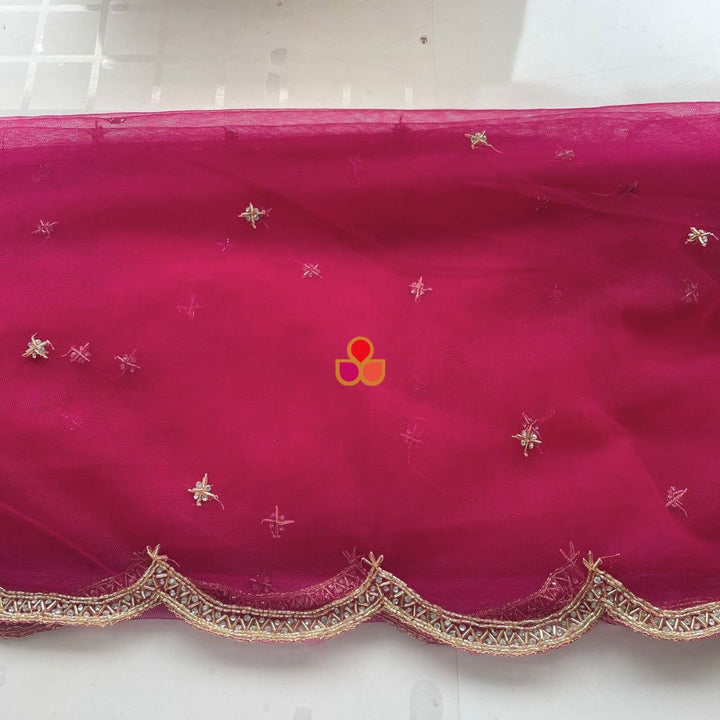 anokherang Dupattas Bridal Pink Beauty Hand Embroidered Scalloped Net Dupatta