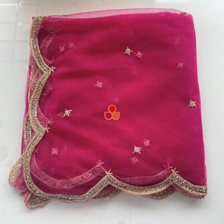 anokherang Dupattas Bridal Pink Beauty Hand Embroidered Scalloped Net Dupatta