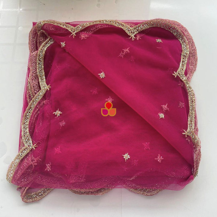 anokherang Dupattas Bridal Pink Beauty Hand Embroidered Scalloped Net Dupatta