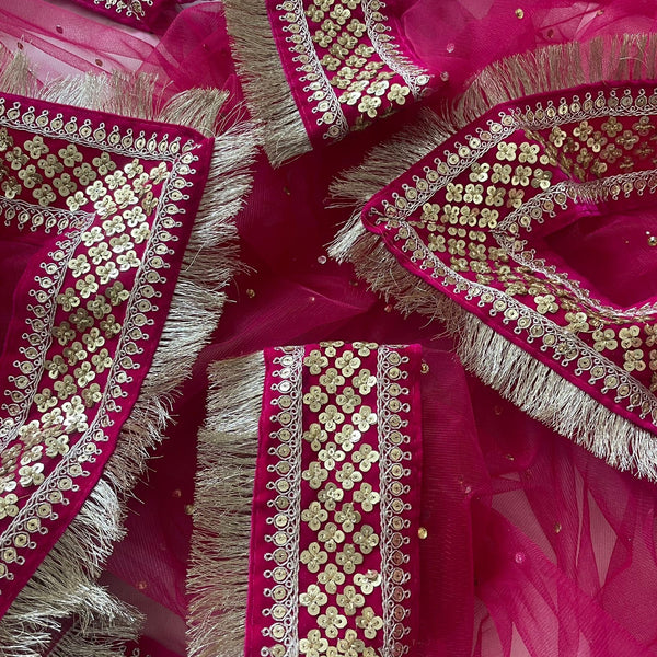 anokherang Dupattas Bridal Pink Festive Net stone Fringe Dupatta