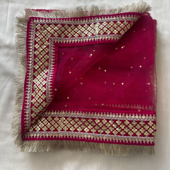 anokherang Dupattas Bridal Pink Festive Net stone Fringe Dupatta