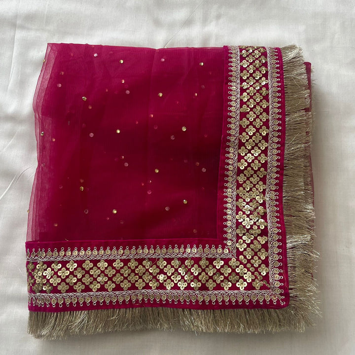 anokherang Dupattas Bridal Pink Festive Net stone Fringe Dupatta