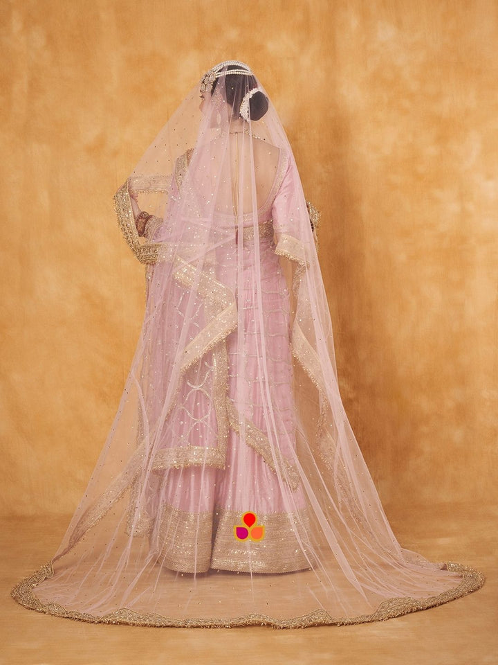 anokherang Dupattas Bridal Pink Magic Trail Embroidered Fringed Net Dupatta