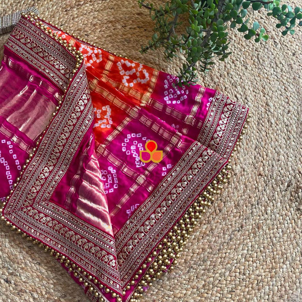 anokherang Dupattas Bridal Pink & Orange Rangrez Royal Bandhani Silk Dupatta