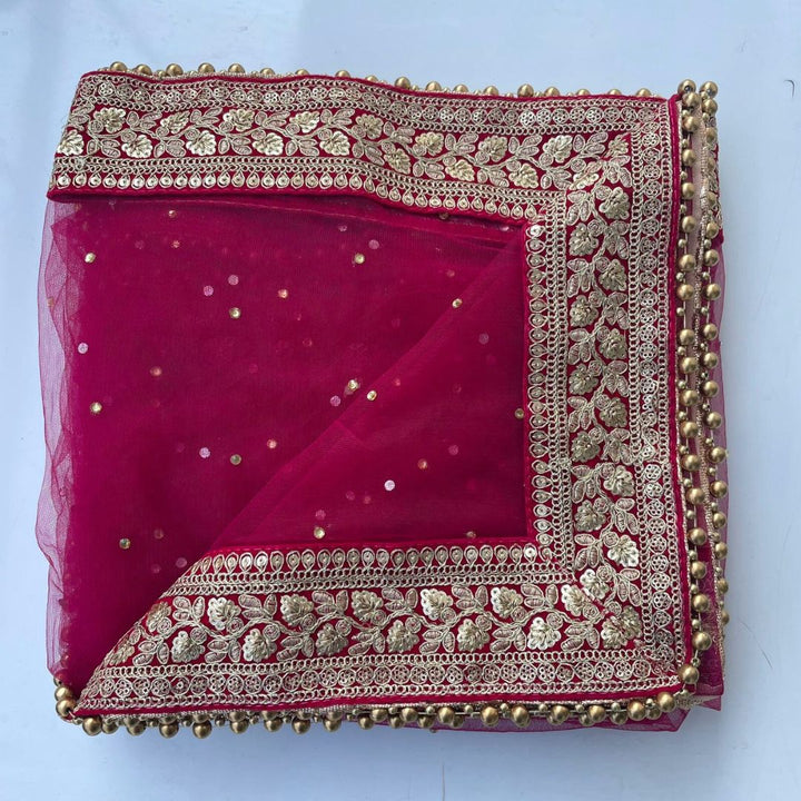 anokherang Dupattas Bridal Prism Magenta Stone Embroidered Border Net Dupatta