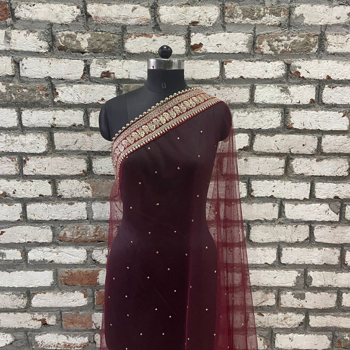 anokherang Dupattas Bridal Prism Maroon Stone Embroidered Border Net Dupatta