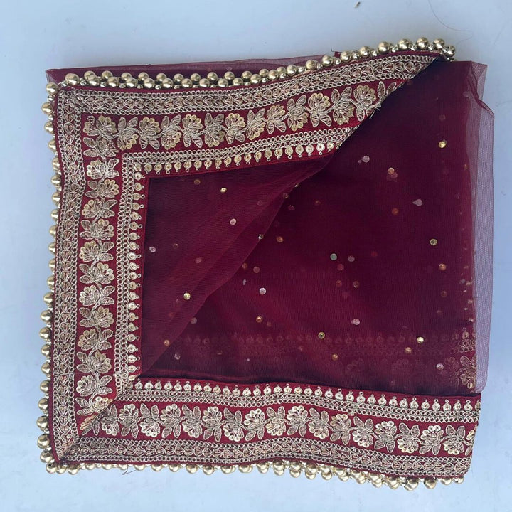 anokherang Dupattas Bridal Prism Maroon Stone Embroidered Border Net Dupatta