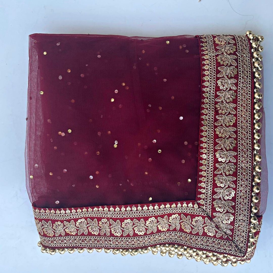 Bridal Prism Maroon Stone Embroidered Border Net Dupatta – anokherang