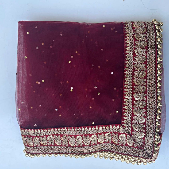 anokherang Dupattas Bridal Prism Maroon Stone Embroidered Border Net Dupatta