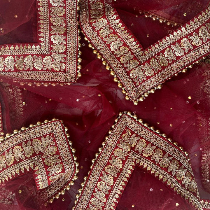 anokherang Dupattas Bridal Prism Maroon Stone Embroidered Border Net Dupatta