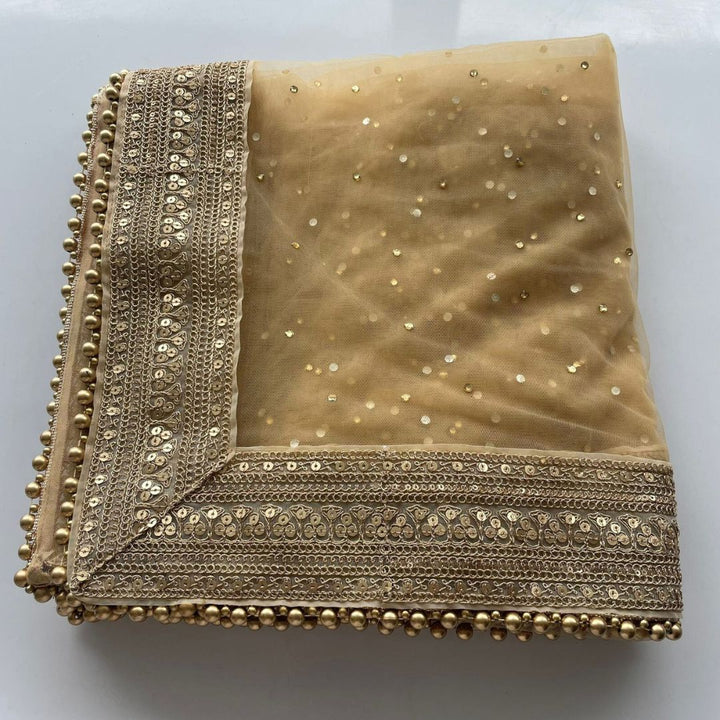 anokherang Dupattas Bridal Queen Gold Stone Embroidered Beads Net Dupatta